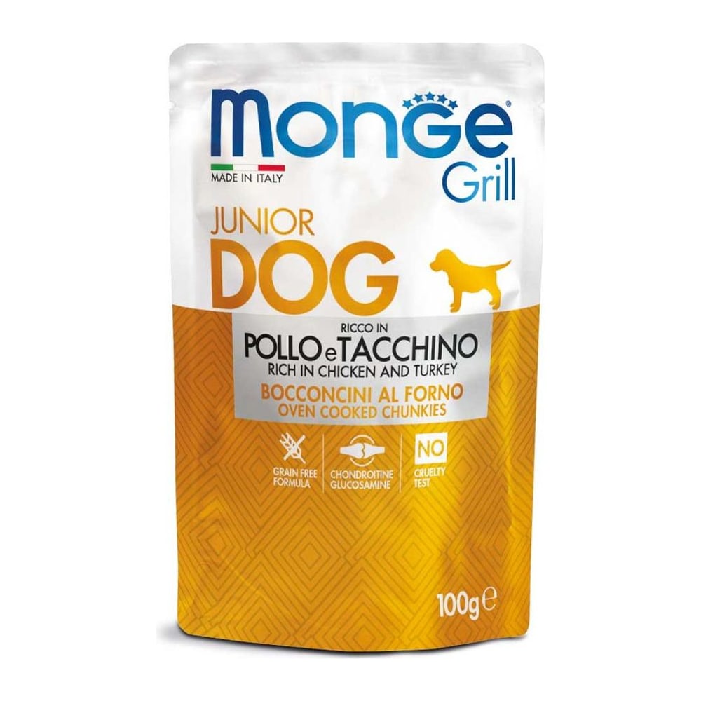 Храна за кучиња Monge Grill Puppy & Junior Chicken & Turkey (влажна храна) 24*100гр